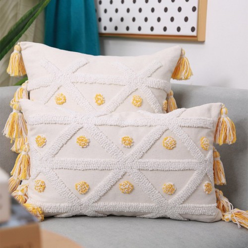 Hand-Embroidered Tufted Geometric Tassel Pillowcas...