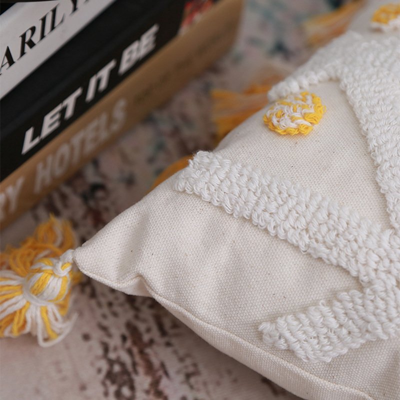 Hand-Embroidered Tufted Geometric Tassel Pillowcase