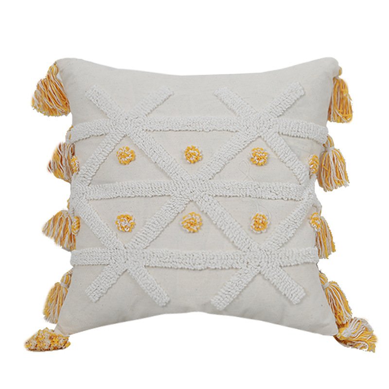 Hand-Embroidered Tufted Geometric Tassel Pillowcase