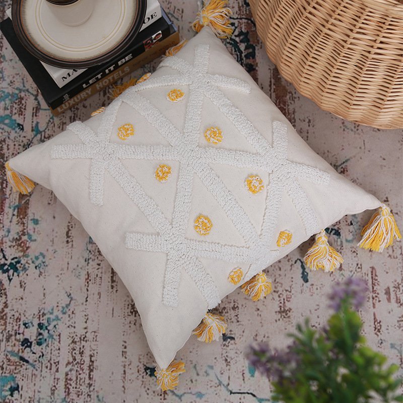 Hand-Embroidered Tufted Geometric Tassel Pillowcase
