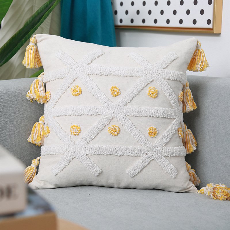 Hand-Embroidered Tufted Geometric Tassel Pillowcase