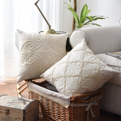 Cotton And Linen Woven Embroidered Couch Pillow Be...