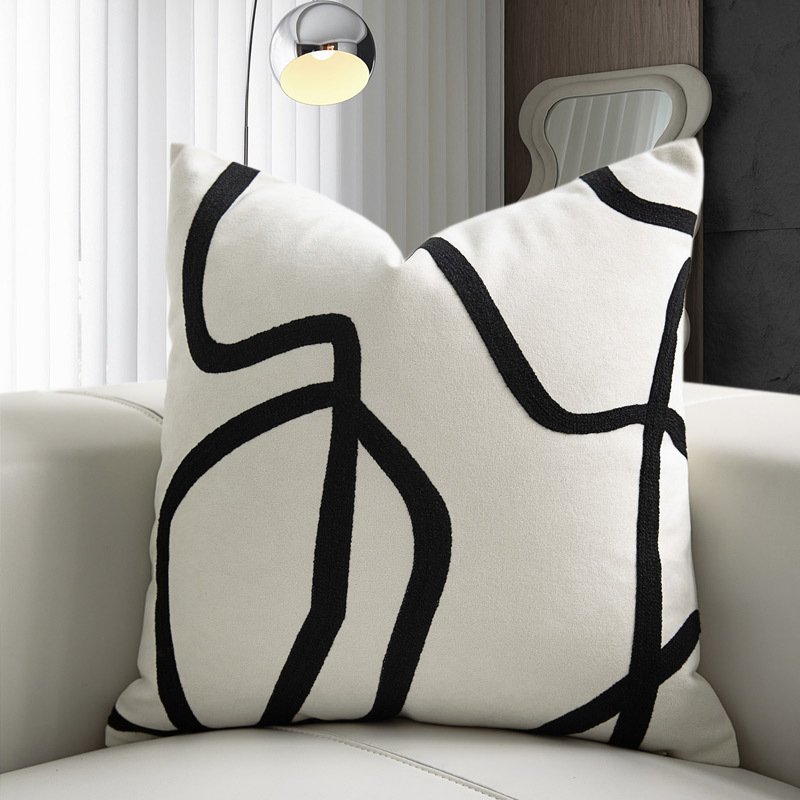 Suede Black And White Towel Embroidered Abstract Line Sofa Waist Pillowcase Suede Black And White Towel Embroidered Abstract Line Sofa Waist Pillowcase